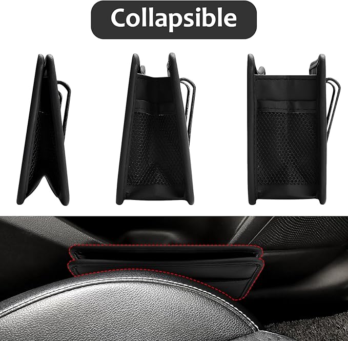Accmor Collapsible Car Trash Can, Leather Vehicle Garbage Organizer Bin Holder with One Roll Trash Bag, Foldable Hanging Mini Cars Storage Bag Container for Auto, SUV (Black)