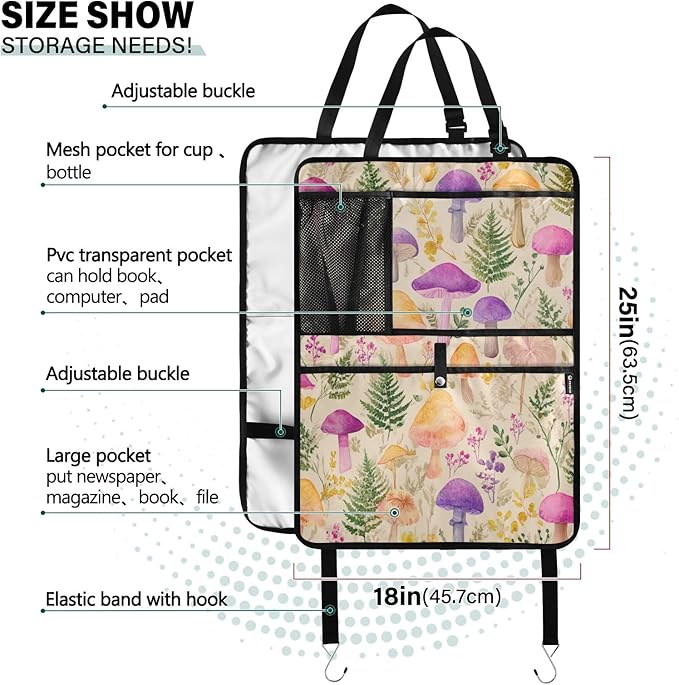 1 Pack Back Seat Car Organizer with Storage Pockets Kick Mats Back Seat Protector Hanging Car Organizer Automotive Seat Back Cover Organizers Mushroom Colorful Pattern