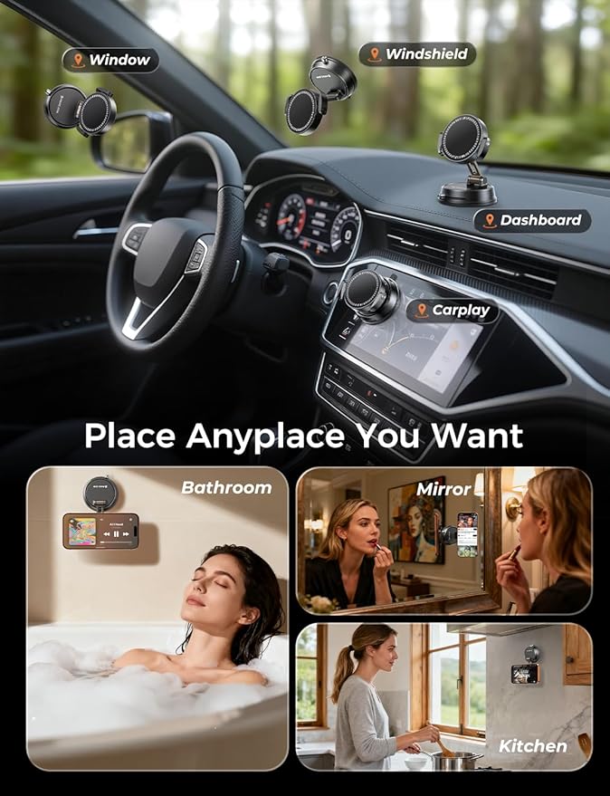 MAGIC JOHN for MagSafe Car Mount [20 N55 Magnets & Clip Arm] 360° Adjustable Magnetic Phone Holder for Car Phone Holder Mount Holders Cell Phone Holders for Your Car Accessories for iPhone 17 Promax ﻿