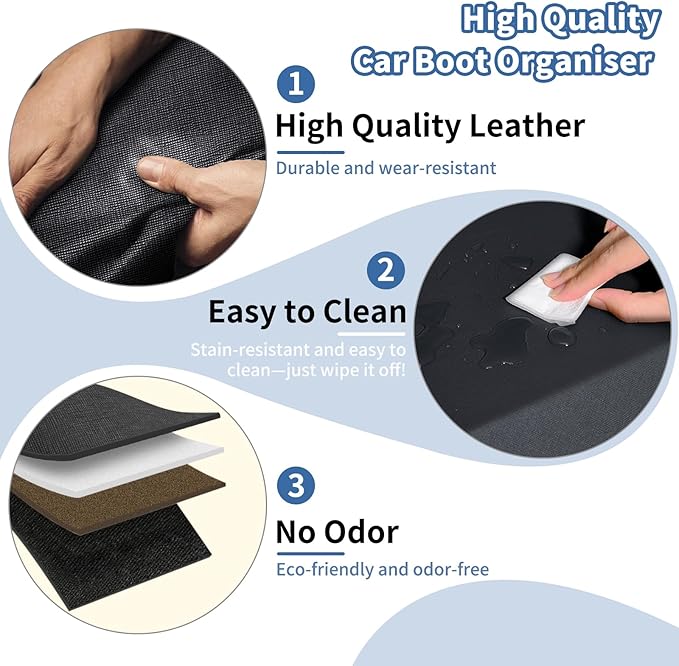 Car Trunk Organizer, Leather Trunk Organizer for SUV with Lid and Sturdy Handle Collapsible Adjustable Storage (Black, 41.6 x 11.4 x 12.2in)