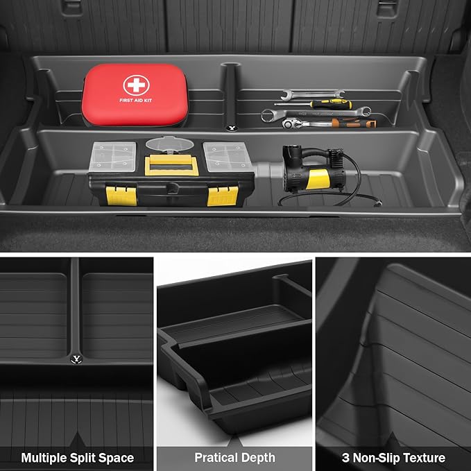 Hidden Trunk Organizer Tray for Tesla Model Y 2019-2026, Custom-Fit Rear Underfloor Storage Box, Durable ABS Compartment for Tools, Emergency Gear & Cleaning Supplies, Quick Access