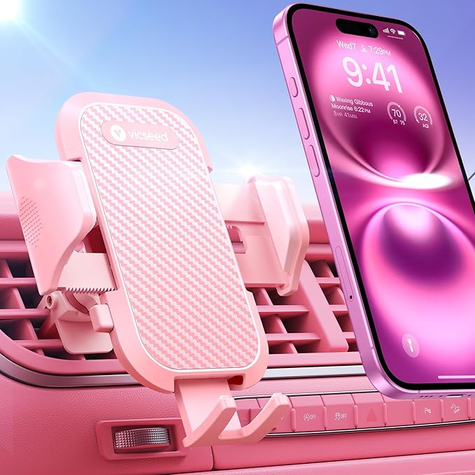 VICSEED Ultra Stable Pink Phone Holders for Your Car [Never Fall Off & Break] Universal Vent Cell Phone Mount for Car Easy Clamp Automobile Cradle for iPhone 17 Pro Max 16 15 14 Car Accessories Women