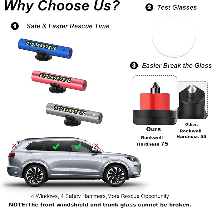 Upgraded 2026 Safe Hammer Glass Breaker Flashlight Car Parking Card, Seatbelt Cutter Window Breaker Emergency Escape Tool Glass Breaker Emergency Seat Belt Cutter (3 Pack (Blue, Red & Gray))