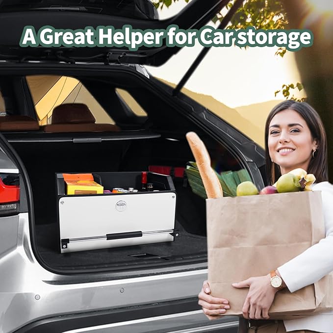 Car Trunk Organizer, Leather Collapsible Trunk Organizer for suv with Lid and Push-pull Handle Car Trunk Storage Organizer for Cars, SUV, Minivan, Truck, Sedan (White)