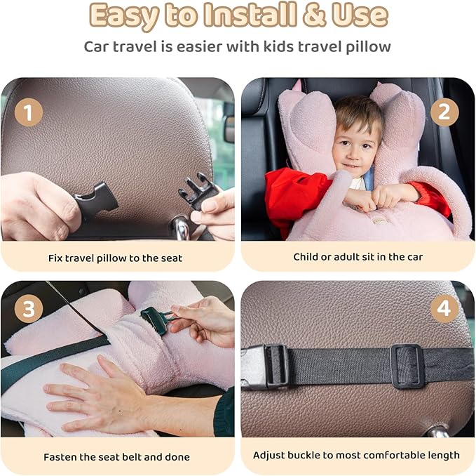 FLORICH Car Sleeping Travel Pillow for Kids, Kids Travel Pillow Removable H-Shaped Pillow for Adults and Children to Support Head and Body Road Trips with Neck Pillow and Blanket (Pink)