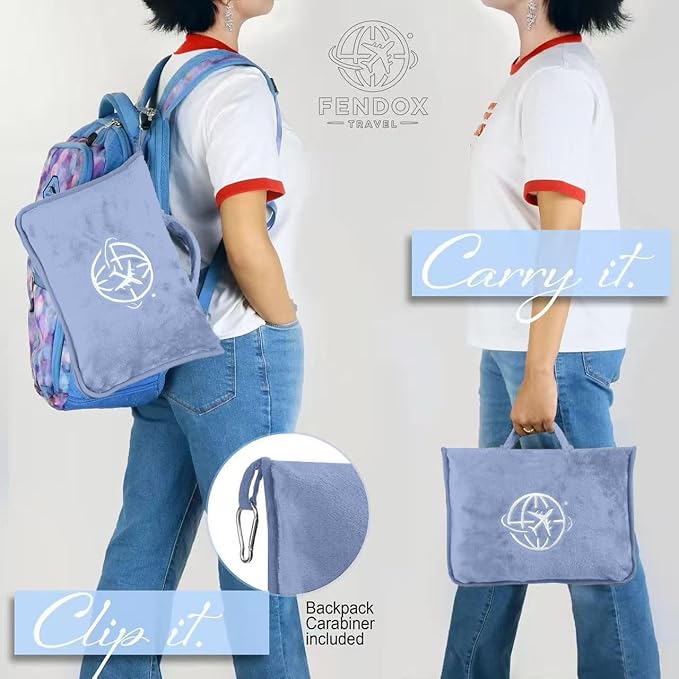 2-in-1 Travel Blanket and Pillow – Lightweight, Compact, Ultra Soft, Machine Washable – Handle, Luggage Sleeve, Backpack Clip – for Travel Airplane, Car, Office (Light Blue)