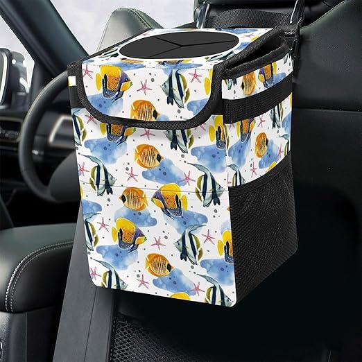 Marine Fish Car Trash Can with Lid - Collapsible Reusable Waterproof Garage Bag,Automotive Garbage Can,Car Accessories Interior Organizer