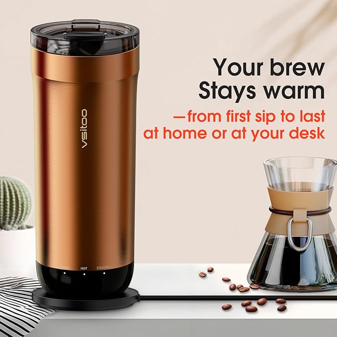 VSITOO S5 heated travel mug,16oz, Auto-Sensing AI Heats Drinks To 120-150°F Hands-Free. Temperature Control for All Cars, Perfect for Home/Office/Travel/Outdoor, Ideal Gift for Coffee Lovers - Copper