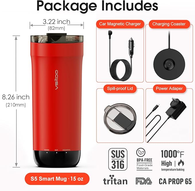 VSITOO S5 heated travel mug,16oz, Auto-Sensing AI Heats Drinks To 120-150°F Hands-Free. Temperature Control for All Cars, Perfect for Home/Office/Travel/Outdoor, Ideal Gift for Coffee Lovers - Red