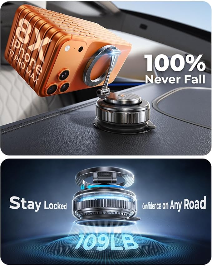 2026 Heavy-Duty Magnetic Phone Holder for Car, Ultra Strong Vacuum Suction Magsafe Car Mount with Full Metal Arm 360° Adjustable Phone Holder for Dashboard & Windshield for iPhone 17 Pro Max & Samsung