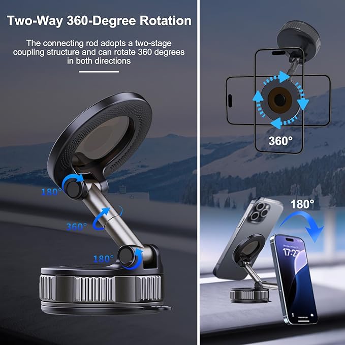 Vacuum Car Phone Holder for MagSafe, [96+LBS Suction+3000gf Strong Magnetic] 360°Adjustable Nano Gel Suction Cup Phone Mount for Car/Gym/Mirror Compatible with iPhone 17 Pro Max/16/15/14/13/12