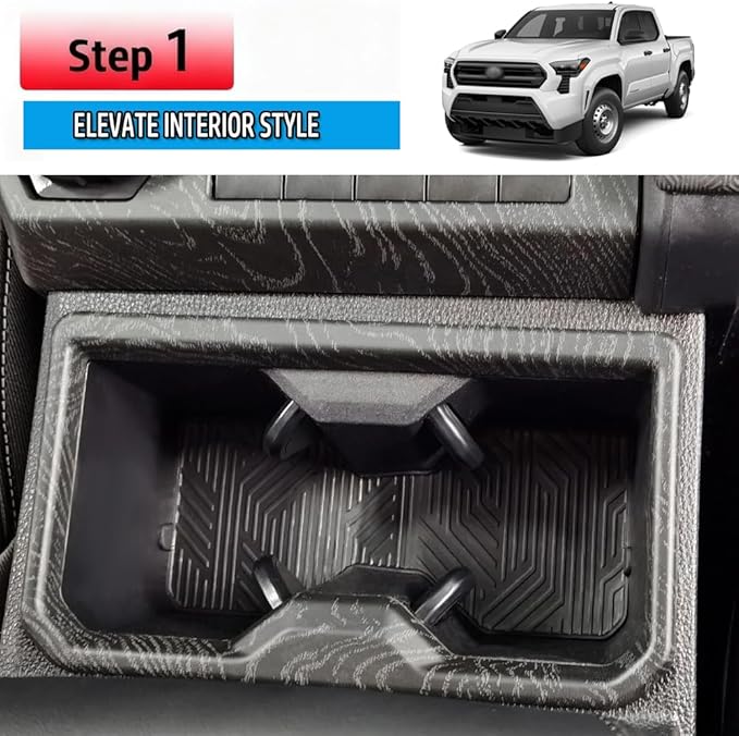 Front Row Cup Holder for Tacoma 2024- ABS Center Console Drink Mount, Anti-Spill Interior Organizer Accessory (Black Wood Grain)