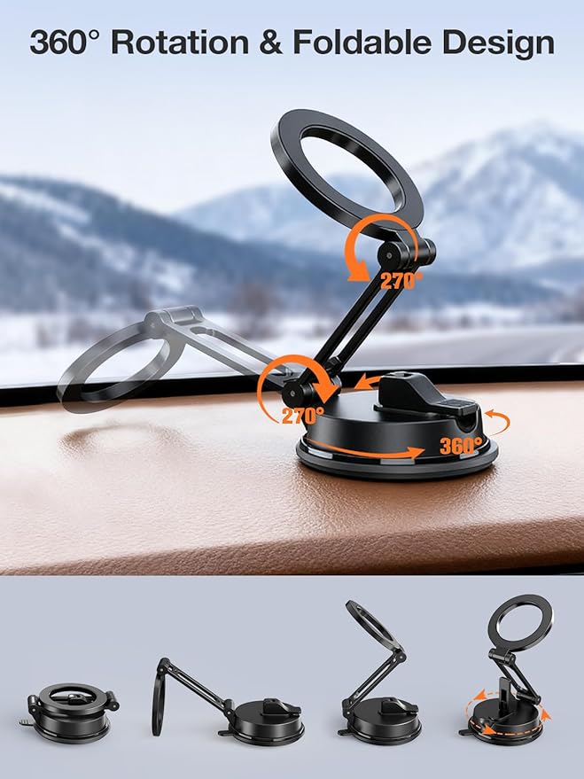 Foldable Magnetic Phone Holder for Car, 360°Rotation Cell Phone Car Mount with Strong Stable Suction, Car Phone Holder for MagSafe Compatible with iPhone 17 Pro Max 16 15 14 13 12 Plus