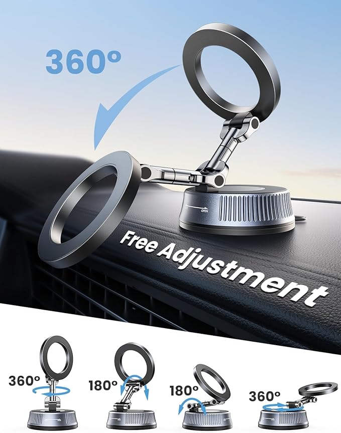Magnetic Car Phone Holder with Suction Cup, [90LBS Vacuum Suction & 2800GF Strong Magnetic] Phone Holders for Your Car, 360° Adjustable Car Phone Mount for MagSafe, iPhone 17 16 15, Android