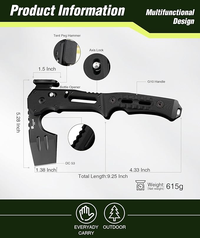 HX OUTDOORS Folding Tactical Axe Survival Multitool, DC53 Steel Blade with Black Titanium, Camping Axe with Hammer & Bottle Opener, G10 Handle for Outdoor Gear,Various Tactical and Survival scenarios
