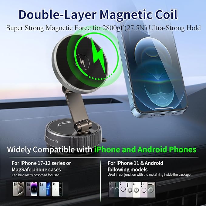 MagSafe Car Mount Charger for iPhone-15W Fast Wireless Charging, 360° Rotation Adjustable Car Phone Holder, 120LBS Strongest Vacuum Suction, 2800gf Strong Magnetic Phone Holders for Your Car