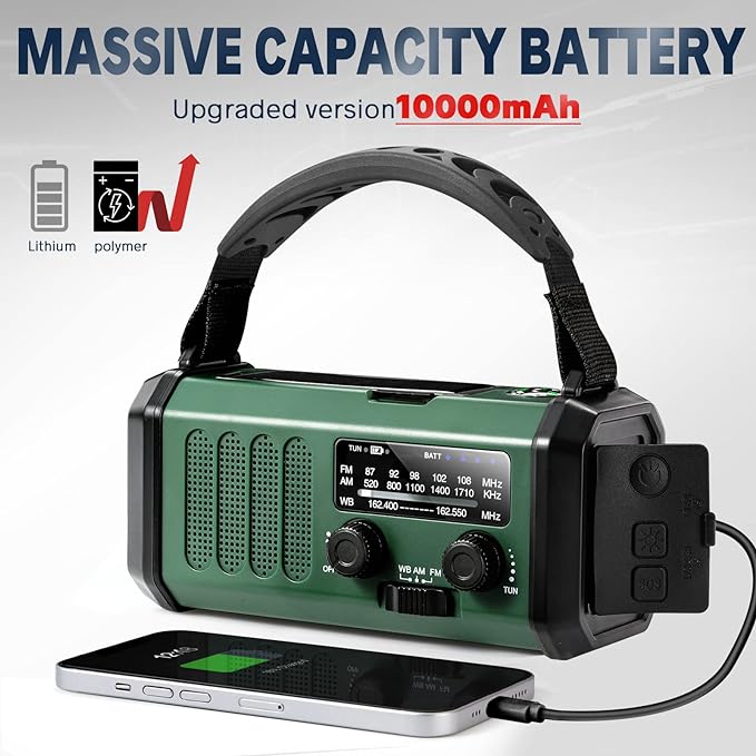10000mAh Hand Crank Emergency Radio, NOAA Weather Radio with AM/FM Solar Radio, Rechargeable Battery, Flashlight & Reading Light, SOS Cell Phone Charger for Valentines Day Gifts Outdoor Emergencies