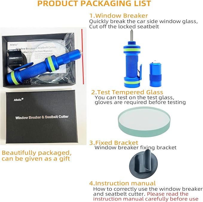 Allelic Car Window Breaker Tool, Window Breaker Seatbelt Cutter, Window Breaker, Glass Breaker, Spring Loaded Window Breaker for Land & Underwater (Blue)