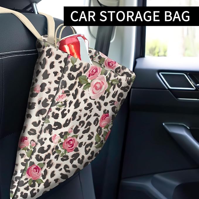 Car Trash Can, Cute Car Trash Bag, Hanging Car Organizer and Storage Bag, Trash Bin for Car Accessories, Vehicle, Travelling, Camping Pink Rose and Leopard