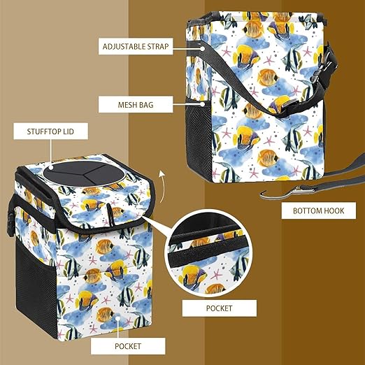 Marine Fish Car Trash Can with Lid - Collapsible Reusable Waterproof Garage Bag,Automotive Garbage Can,Car Accessories Interior Organizer