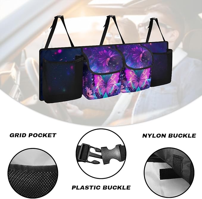 CLOHOMIN Purple Butterfly Car Trunk Organizer Sunflower Car Storage Organizer for SUV Truck Sedan Easy to Install Car Trunk Tool Organizer with 4 Pockets Replacement Car Storage Accessories