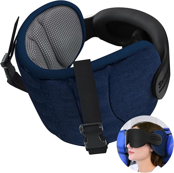 Travel Pillows for Airplanes, Airplane Pillow for Long Flight, Airplane Head Strap with Sleep Eye Mask, 360° Headrest for Car Trip, Stop Bobblehead, Mottled Grey