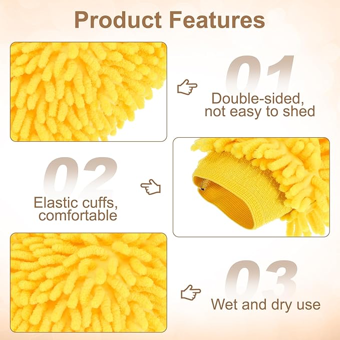 HARFINGTON 2pcs Chenille Microfiber Car Wash Mitts 9.8" x 7.9" Scratch Free Wash Gloves Absorbent Double Sided Plush Cleaning Drying Mitts for Car Washing Home Yellow