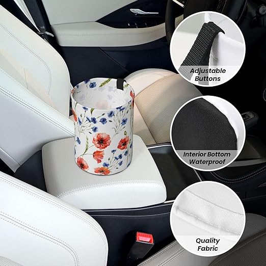 Car Trash Bag Watercolor Red Blue Flowers Waterproof Trash Small Car Can Portable Collapsible Car Garbage Can Hanging for Back Seat Floor or Hanging Headrest Car Decor Road Trip Essentials