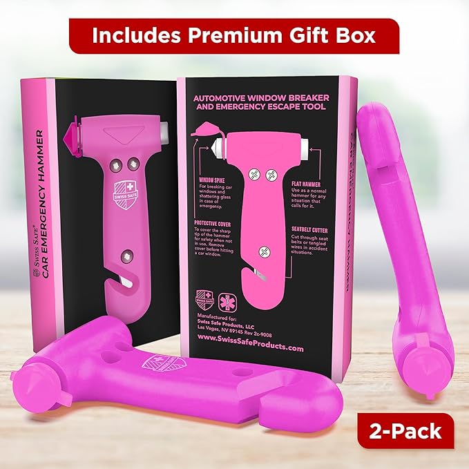 Swiss Safe 5-in-1 Emergency Car Safety Hammer – Car Window Breaker & Seatbelt Cutter, Heavy-Duty Escape Tool for Vehicle Emergencies and Auto Kits – Pink, 2 Pack