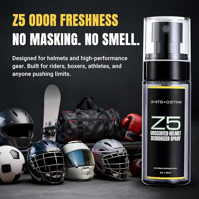 IASUS Z5 Helmet & Gear Deodorizer Spray - Unscented Surface Odor Spray for Motorcycle Helmet, Gloves, Shoes, Boxing, Football, Ski, Hockey & Gym Gear - 2oz Travel Size