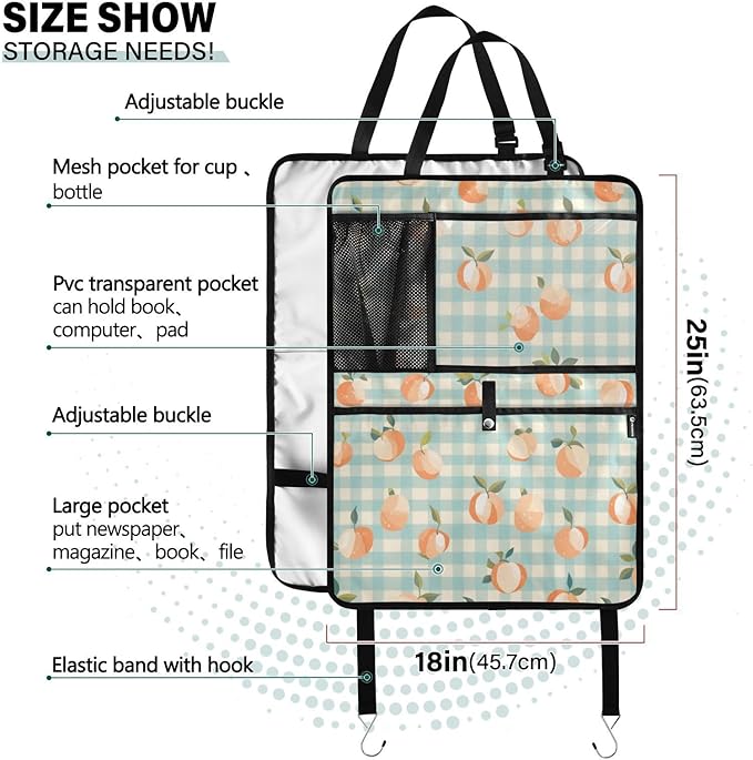1 Pack Back Seat Car Organizer with Storage Pockets Kick Mats Back Seat Protector Hanging Car Organizer Automotive Seat Back Cover Organizers Peaches Plaid Vacation Style Blue