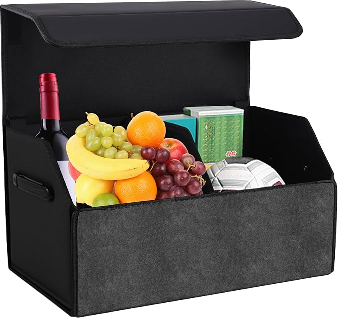 Trunk Organizer for Car, Leather Storage Box with Lid, Foldable Trunk Organizer for SUV, Waterproof Cargo Storage Box Collapsible and Adjustable with Magnetic Lock (Black)