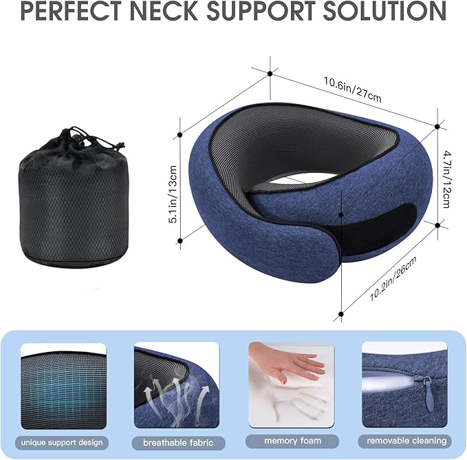 Neck Travel Pillows for Airplanes Memory Foam Neck Comfort Pillow Compact Ergonomic Design Sleeping Essentials for Long Flights Car Rides and Home Use (Blue)