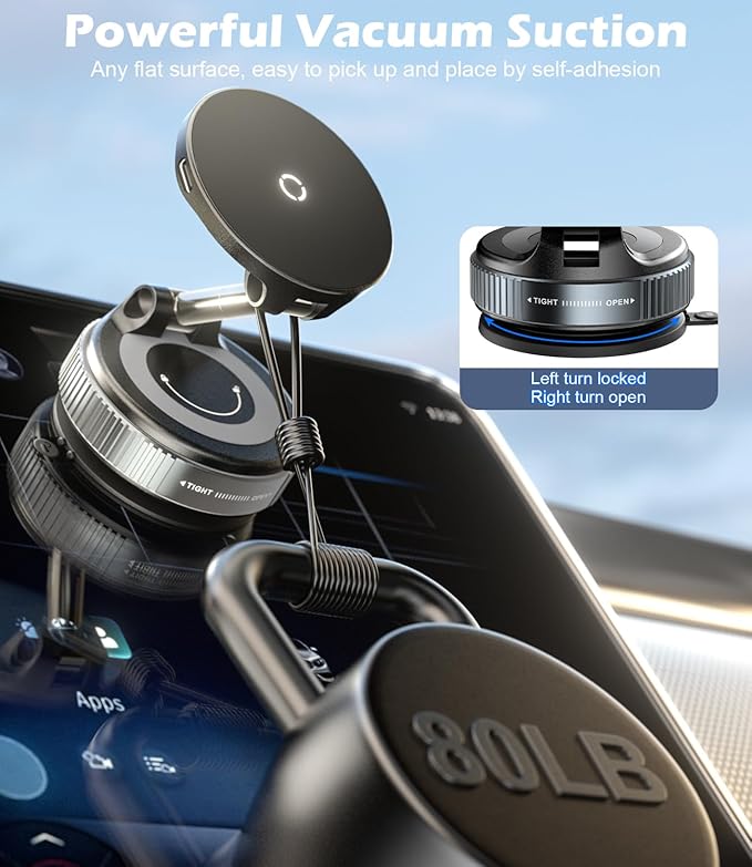 CloudValley 15W Wireless Fast Charging Car Phone Mount, Nano Gel Vacuum Suction Magnetic Phone Holder, 360° Adjustable Car Mount for iPhone 17/16/15/14/13, Strong Grip on Rough Surfaces