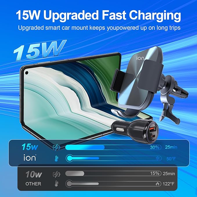 ION 2-in-1 Phone Holders for Your Car, 15W Wireless Charger Car Mount for Samsung Galaxy Z Fold 6 5 4 3 2, Cell Phone Holder for Air Vent Dashboard, Dual Coil Qi Fast Charge, Auto Clamping