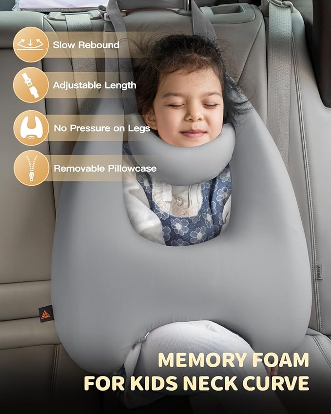 Memory Foam Kids Travel Pillow, Car Pillow for Kids, H-Shape Car Pillows for Sleeping, Removable Pillowcase, Adjustable, Porous Dots, Grey