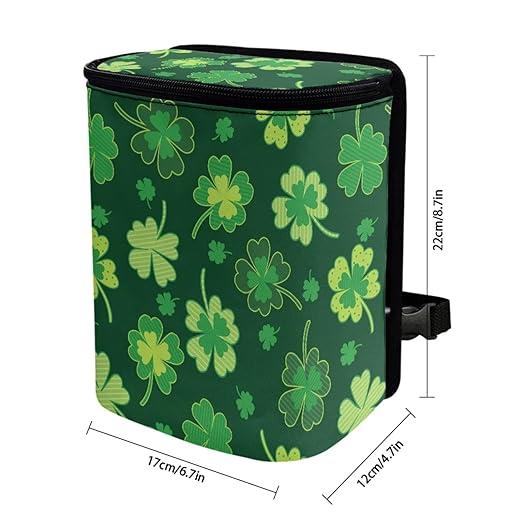 1.2 Gallons Truck Trash Can, Lucky Clovers Small Trash Can for Car, Adjustable Hanging for Tail of Console/Back of Seat, Odor-Free with Zipper Leak-Proof Lid Design, Mini Size for Convenience