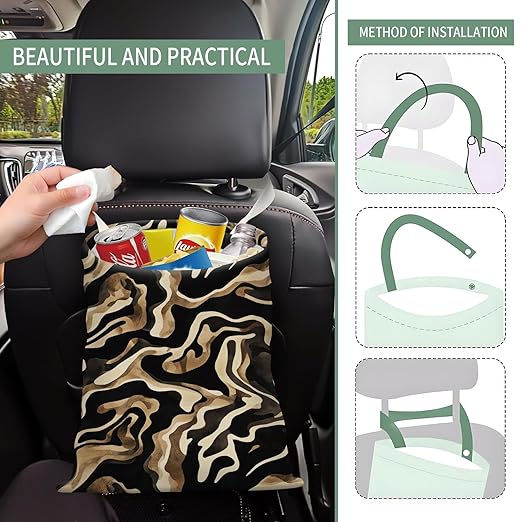 Cute Car Trash Can, Hanging Canvas Car Back Seat Organizer and Storage Bag, Funny Car Trash Bag For Travelling, Outdoor Luxury Brown Stripes
