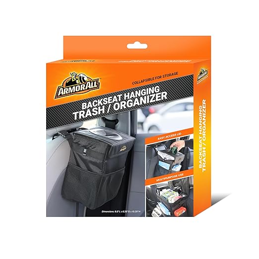 Armor All Car Trash Can & Organizer, 2.63 Gallon Waterproof Covered Garbage Bin, 3 Mesh Pockets, Collapsible for Easy Storage, Adjustable Strap & Hook for Backseat Hanging, 9.5” L x 6.25” D x 10.25” H