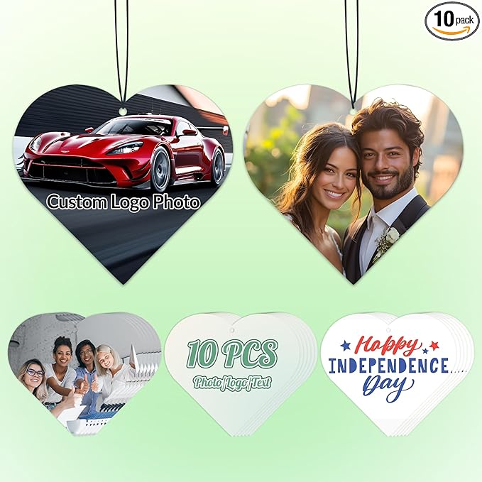 10-1000 Pcs Custom Air Fresheners with Picture - Personalized Photo Logo Text Double Sided Air Freshener Customized Bulk Gifts for Car Business Branding Events (Heart Shape, Various)