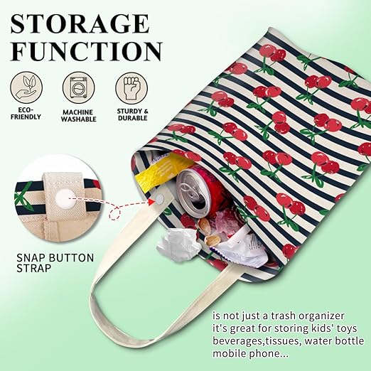 Car Trash Can, Cute Car Trash Bag, Hanging Car Organizer and Storage Bag, Trash Bin for Car Accessories, Vehicle, Travelling, Camping Cute Red Cherry Stripe