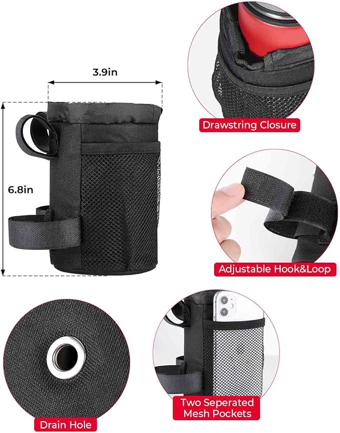 KEMIMOTO Large Bicycle Cup Holder with Mesh Pockets Phone Bag, Compatible with Road Bike MTB E-Bike Scooter Wheelchair
