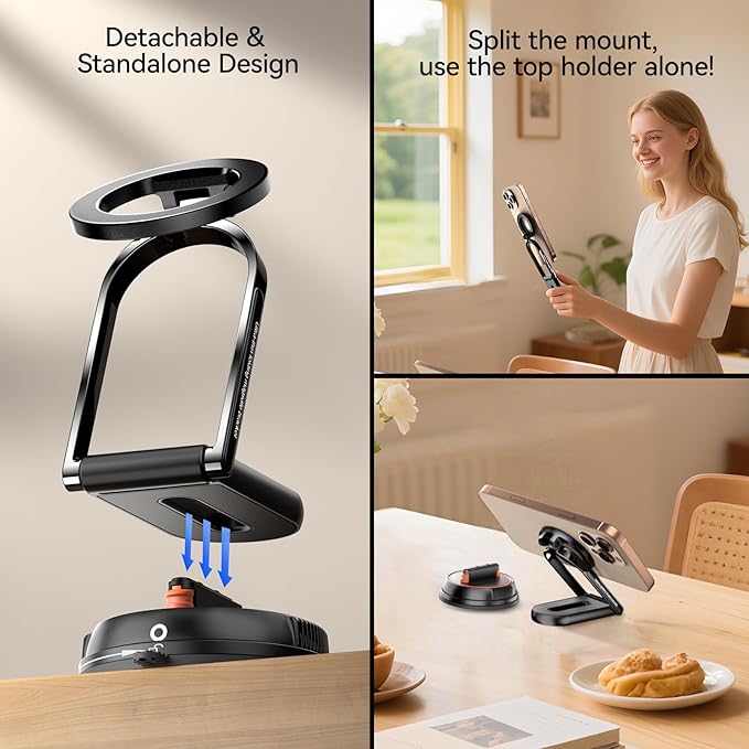 360°Adjustable Vacuum Magnetic Phone Holder for Cars/Shower/ Mirror/Gyms/ Kitchen/Bathroom,[Detachable Phone Stand] [Reliable Suction]Suction Cup Phone Mount Compatible with iPhone & All Phones