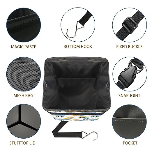 Marine Fish Car Trash Can with Lid - Collapsible Reusable Waterproof Garage Bag,Automotive Garbage Can,Car Accessories Interior Organizer