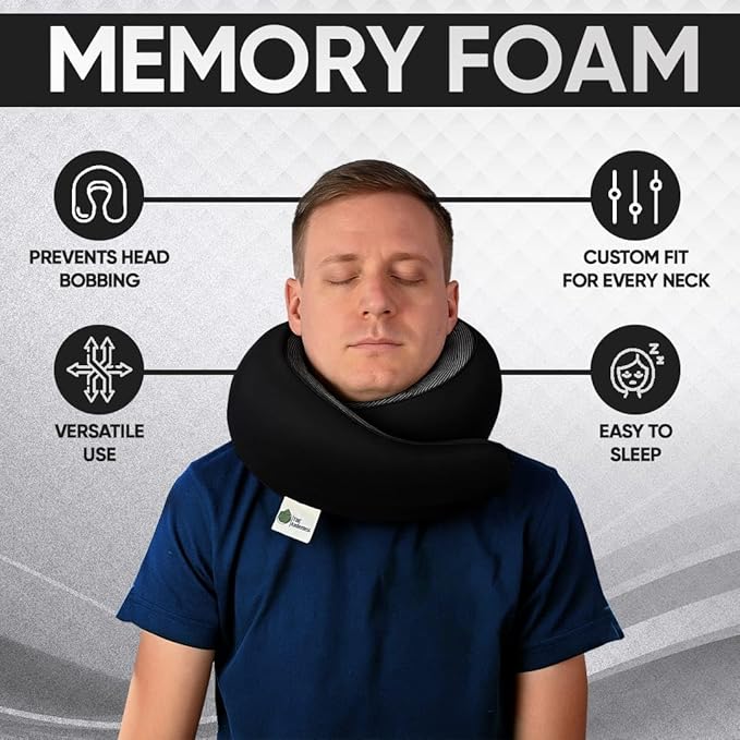 Travel Neck Pillow 100% Memory Foam, Ergonomic 360° Support Pillow for Flights, Car, Office & Train, Breathable Travel Essentials for Adults & Kids, Neck Pain Relief, (BLACK)