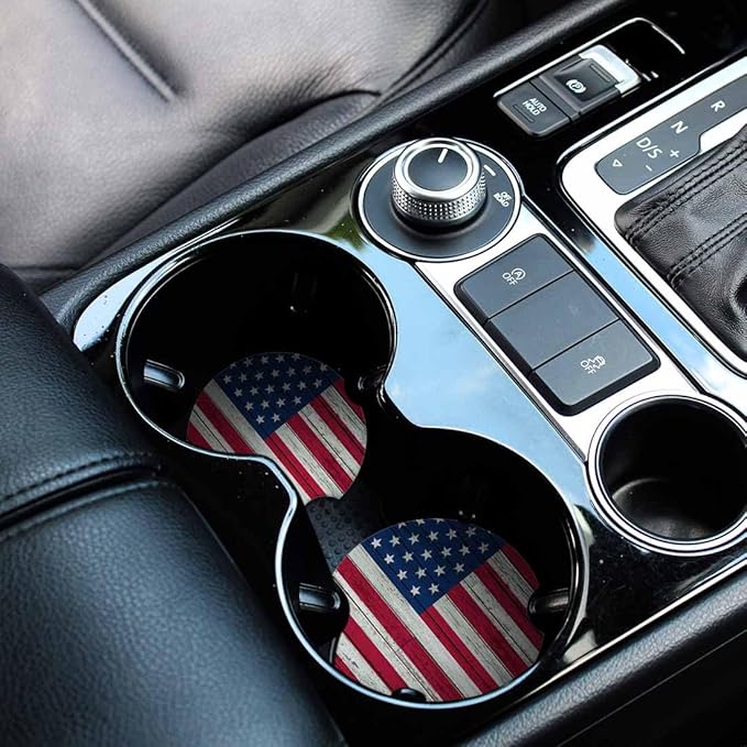 Patriotic Car Coasters for Cup Holders Flag Stars Stripes Graffiti Car Cup Holder Coasters 2 Pack for Car, Anti Slip Ceramic Car Cup Mat with Finger Notch Cute Car Interior Accessories for Women Men