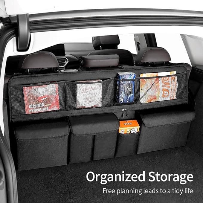 Hanging Car Trunk Organizer, Collapsible Backseat Storage Bag with 8 Large Pockets for Medium or Large Size SUV, Truck, MPV, Car Interior Accessories (Black)