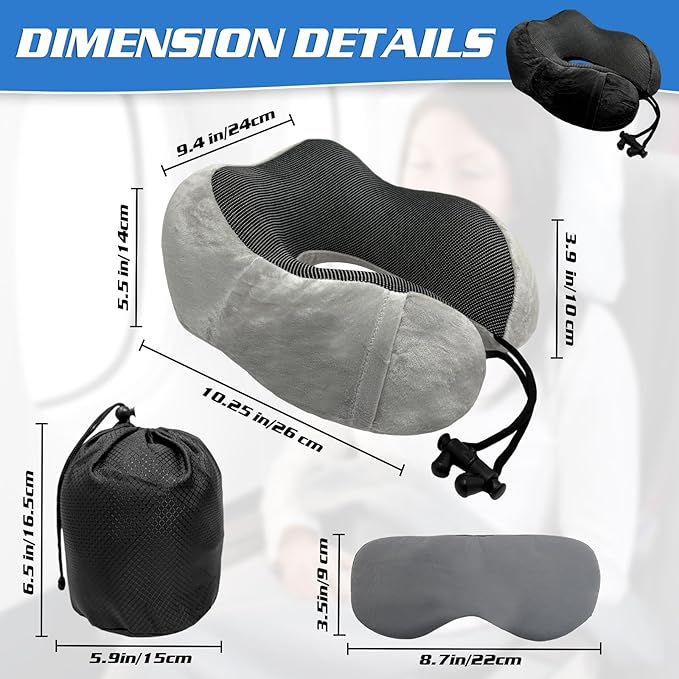 Travel Pillow 3-in-1 Memory Foam Ergonomic Neck Support Pillow for Airplanes with Ear Plugs & Eye Mask | Machine Washable Travel Pillow for Long Flights, Road Trips & Camping (Grey+Black)