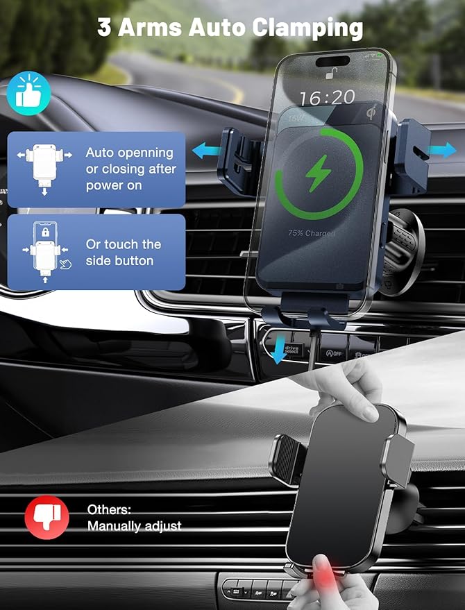 Wireless Car Charger, MOKPR Auto-Clamping Car Mount 15W/10W/7.5W Fast Charging Air Vent Car Phone Mount Compatible with iPhone 15/14/13/13 Pro/12 Pro Max/12 pro/12/11/10 Series, Samsung Galaxy Series