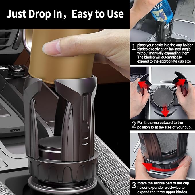 Cup Holder Expander, Automatic Car Cup Holder Expander Holds Large Water Bottles, for Yeti, Owala Travel Tumbler & Mugs, Adjustable Arms & Extendable Base Insert Accessories (CUP03T, 1PACK)